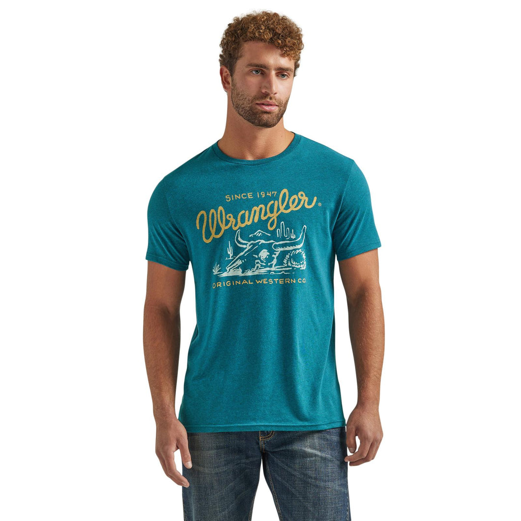 Men's Wrangler Vignette Logo Tee ~ Heather Cyan - Henderson's Western Store