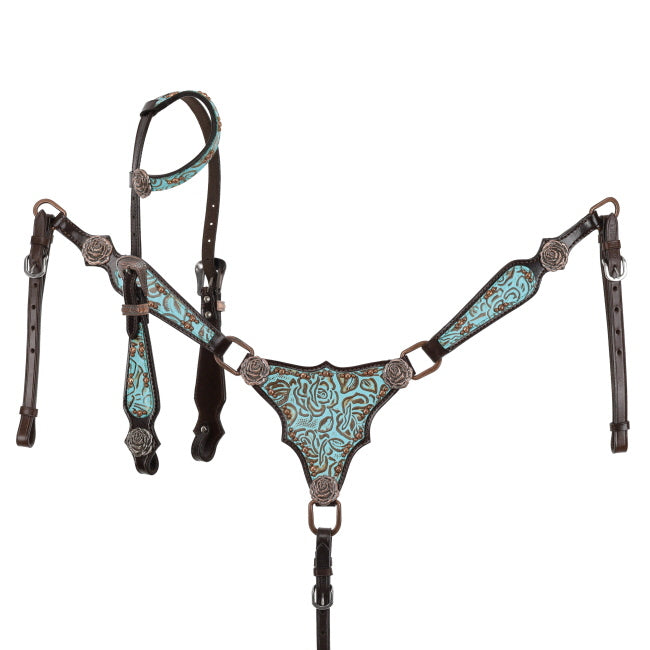 Teal Rose One Ear Headstall and Breastcollar Set