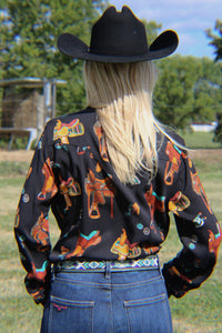 Load image into Gallery viewer, Ladies Wrangler Retro ~ Bucking Cowboy ~ Black ( Only Small &amp; Medium, Large)