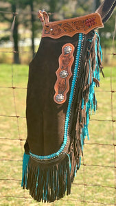 Load image into Gallery viewer, Brown Suede Chink W/Turquoise Fringe