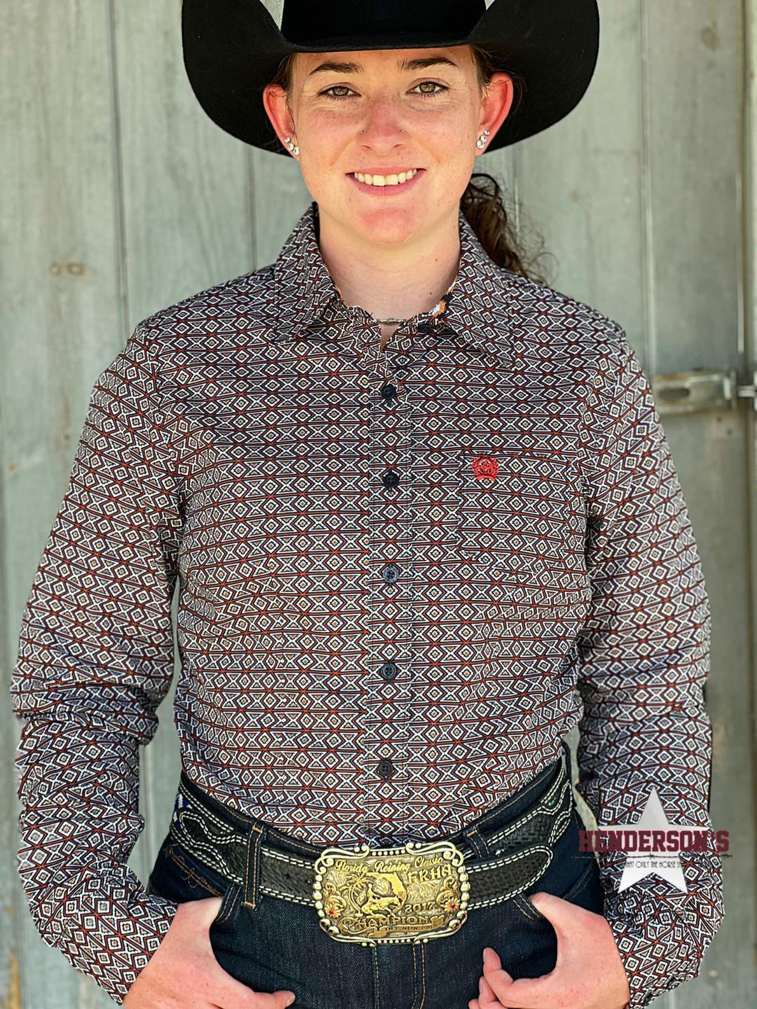 Ladies Cinch ~ Brick Red Geo Print