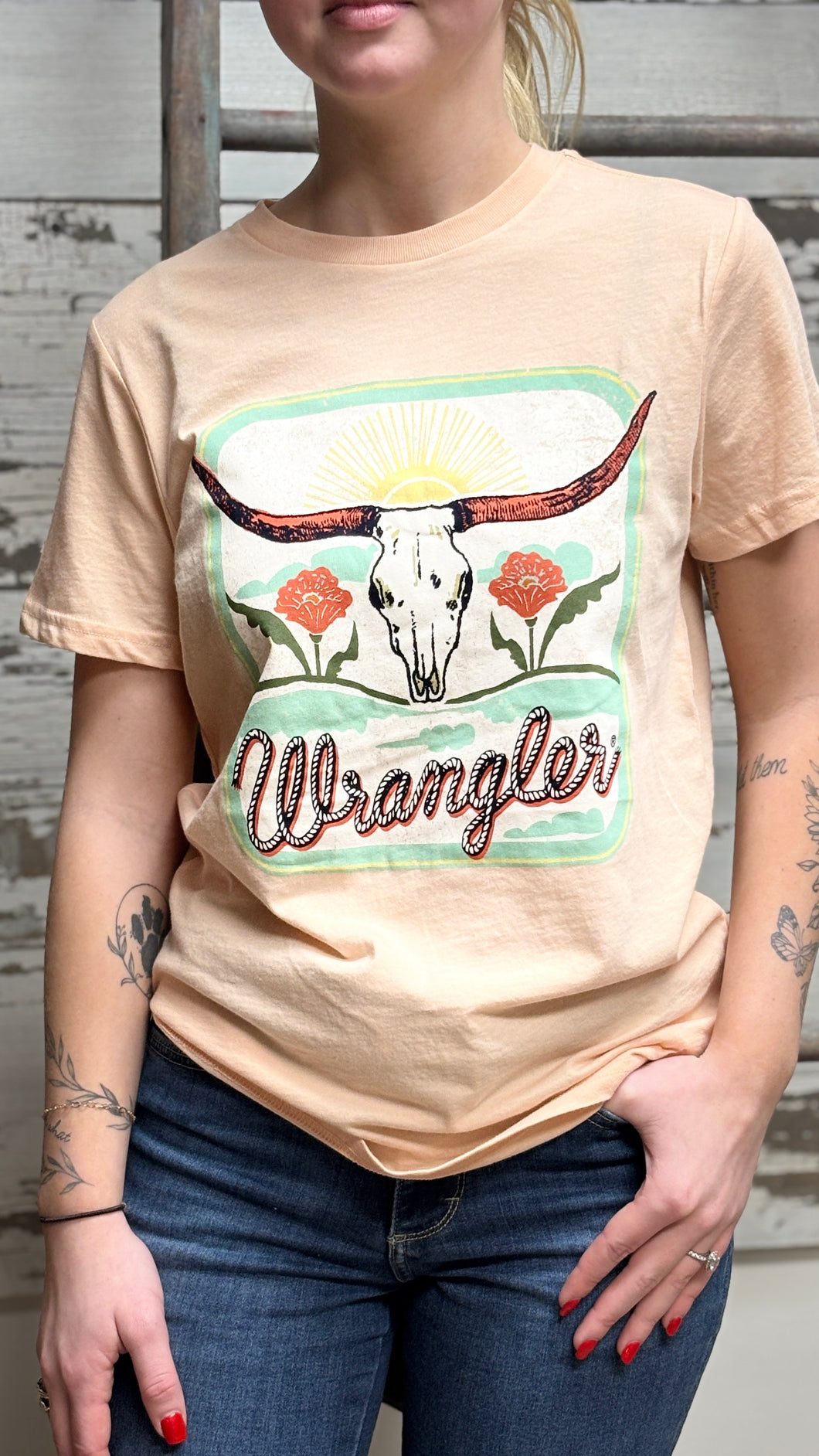 Ladies Wrangler Retro Graphic Tee ~ Peach