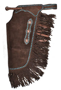 Load image into Gallery viewer, Chocolate Suede Chink W/Turquoise Buckstitch chap Showman   