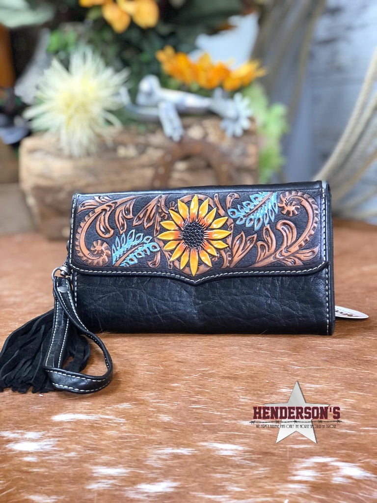 The Arena Leather Fringe Purse with Hand Tooled Sunflower